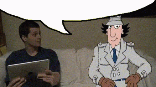 A Man Sitting On A Couch With A Tablet And A Cartoon Character GIF