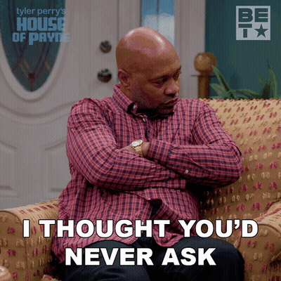 A Man Sitting On A Couch With His Arms Crossed And The Words I Thought You 'D Never Ask GIF
