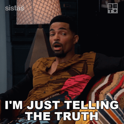 A Man Sitting On A Couch With The Words I 'M Just Telling The Truth GIF