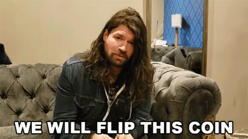 A Man Sitting On A Couch With The Words We Will Flip This Coin GIF