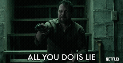 A Man Sitting On A Set Of Stairs With The Words " All You Do Is Lie " Behind Him GIF