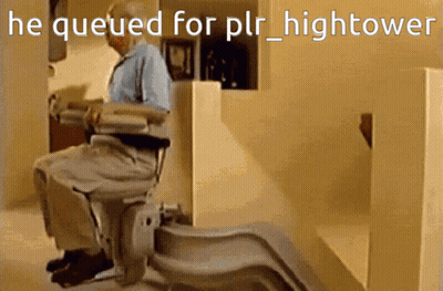 A Man Sitting On A Stair Lift With The Words He Queued For Plr Hightower GIF