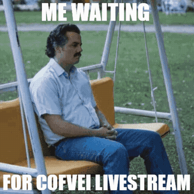 A Man Sitting On A Swing With The Words Me Waiting For Coffel Livestream GIF