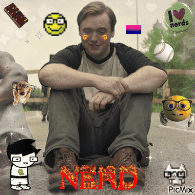 A Man Sitting On The Ground With The Word Nerd Written On His Shoes GIF