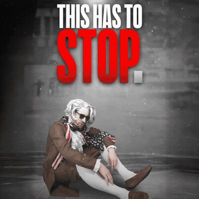 A Man Sitting On The Ground With The Words This Has To Stop Above Him GIF
