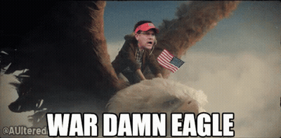 A Man Sitting On Top Of A Bald Eagle With The Words War Damn Eagle Written Below Him GIF