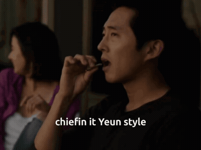 A Man Smoking A Cigarette With The Words " Chiefin It Yeun Style " Written Below Him GIF