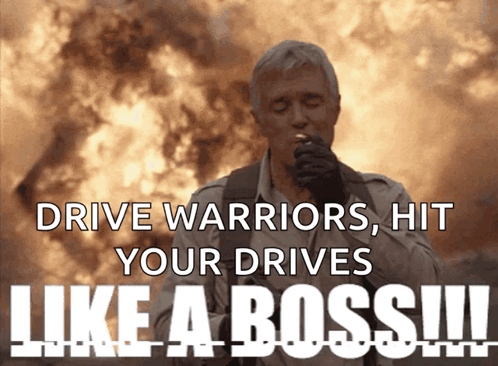 A Man Smoking A Cigarette With The Words Drive Warriors Hit Your Drives Like A Boss On The Bottom GIF
