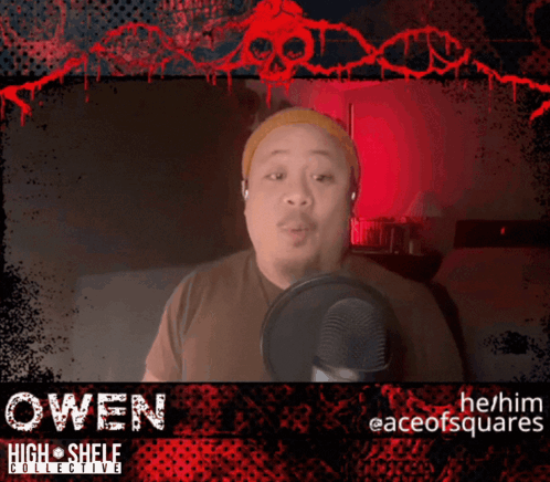 A Man Speaking Into A Microphone With The Name Owen GIF