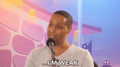 A Man Speaking Into A Microphone With The Words I 'M Weak Below Him GIF