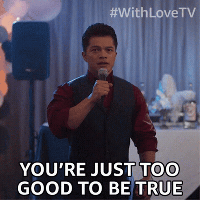 A Man Speaking Into A Microphone With The Words " You 'Re Just Too Good To Be True " GIF