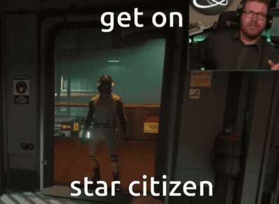 A Man Standing In A Doorway With The Words Get On Star Citizen GIF