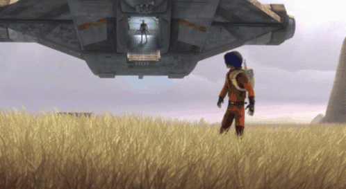 A Man Standing In A Field Looking At A Space Ship That Says ' Rescue ' On It GIF