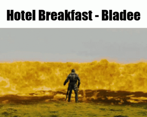 A Man Standing In A Field With The Words Hotel Breakfast Bladee Written Above Him GIF