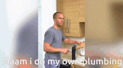 A Man Standing In A Kitchen With The Words Maam I Do My Own Plumbing GIF