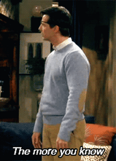 A Man Standing In A Living Room With The Words " The More You Know " On The Bottom GIF