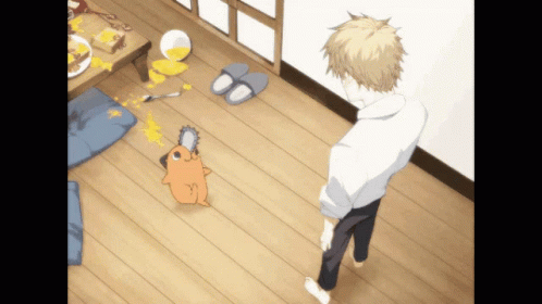 A Man Standing In A Room With A Dog And A Chainsaw GIF