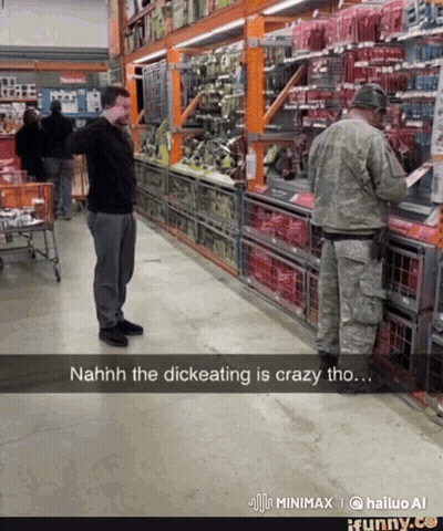 A Man Standing In A Store With A Caption That Says " Nahh The Dickeating Is Crazy Tho " GIF