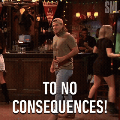 A Man Standing In Front Of A Bar With The Words To No Consequences Below Him GIF