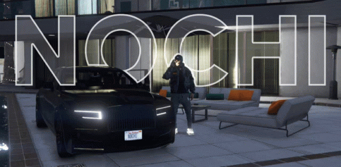 A Man Standing In Front Of A Black Car With The Word Nochi Written On It GIF