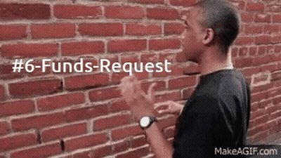 A Man Standing In Front Of A Brick Wall With The Words # 6-Funds-Request Written Above Him GIF