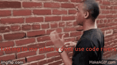 A Man Standing In Front Of A Brick Wall With The Words " Talking To Me When U Dont Use Code River " Above Him GIF