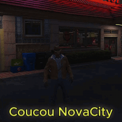 A Man Standing In Front Of A Building That Says Coucou Novacity On It GIF