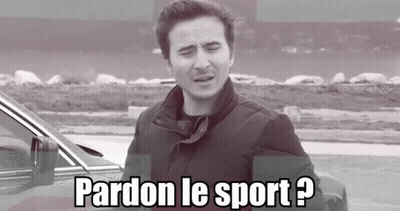 A Man Standing In Front Of A Car With The Words Pardon Le Sport Written On The Bottom GIF