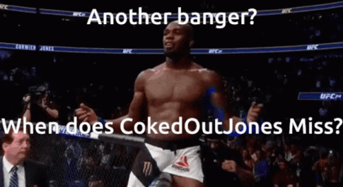 A Man Standing In Front Of A Crowd With The Words Another Banger When Does Cokeoutjones Miss GIF