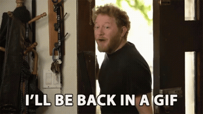 A Man Standing In Front Of A Door With The Words I 'Ll Be Back In A Gif