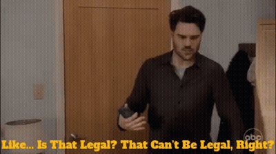A Man Standing In Front Of A Door With The Words Like Is That Legal That Can 'T Be Legal Right Written Below Him GIF