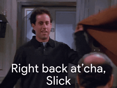 A Man Standing In Front Of A Door With The Words Right Back At Cha Slick GIF