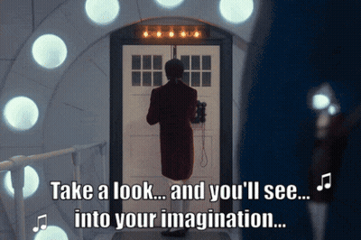 A Man Standing In Front Of A Door With The Words Take A Look And You 'Ll See Into Your Imagination On The Bottom GIF