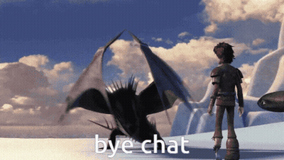 A Man Standing In Front Of A Dragon With The Words Bye Chat Below Him GIF