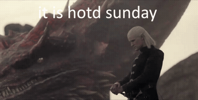 A Man Standing In Front Of A Dragon With The Words " It Is Hotd Sunday " Below Him GIF
