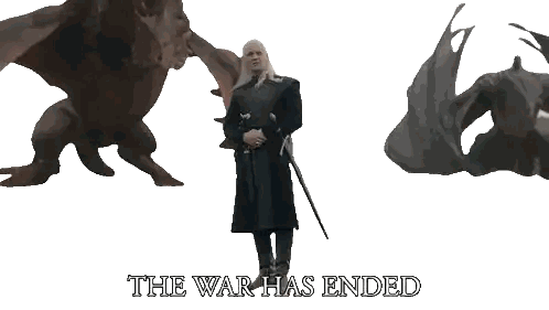 A Man Standing In Front Of A Dragon With The Words The War Has Ended Below Him Sticker