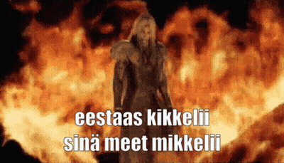A Man Standing In Front Of A Fire With The Words " Eestas Kikkelii Sina Meet Mikkelii " GIF