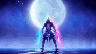 A Man Standing In Front Of A Full Moon With Two Lightsabers In His Hands GIF