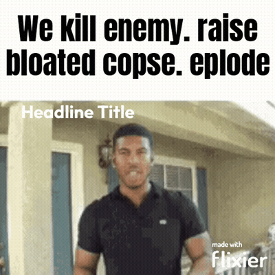 A Man Standing In Front Of A House With A Headline That Says " We Kill Enemy Raise Bloated Copse Episode " GIF