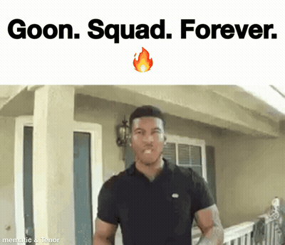A Man Standing In Front Of A House With The Words Goon Squad Forever On The Top GIF