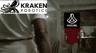 A Man Standing In Front Of A Kraken Robotics Logo And Anduril Logo GIF