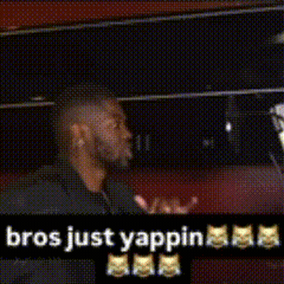 A Man Standing In Front Of A Microphone With The Words " Bros Just Yapping " Written On The Bottom GIF