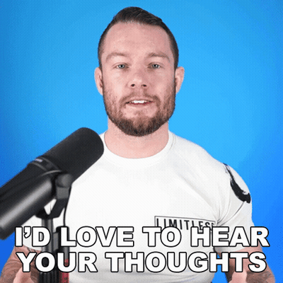 A Man Standing In Front Of A Microphone With The Words " I 'D Love To Hear Your Thoughts " On The Bottom GIF