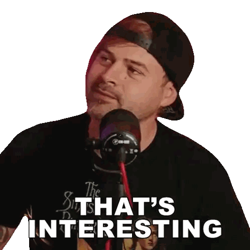 A Man Standing In Front Of A Microphone With The Words That 'S Interesting Written Below Him Sticker