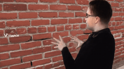 A Man Standing In Front Of A Red Brick Wall With The Letters Viggle.ai Visible GIF