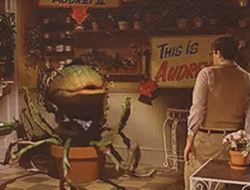A Man Standing In Front Of A Sign That Says " This Is Audrey " GIF