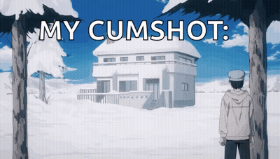 A Man Standing In Front Of A Snow Covered House With The Words My Cumshot Written Above Him GIF