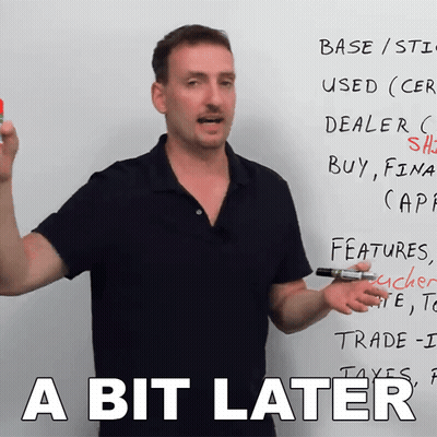 A Man Standing In Front Of A White Board With The Words A Bit Later GIF