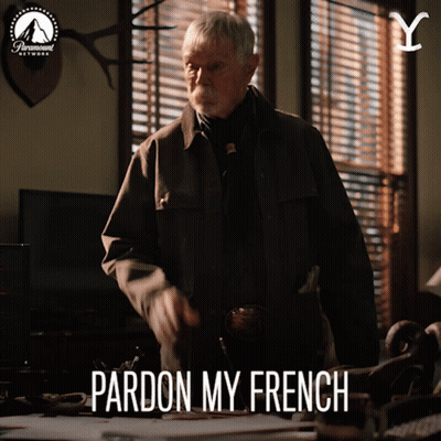 A Man Standing In Front Of A Window With The Words Pardon My French On The Bottom GIF
