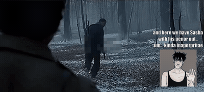 A Man Standing In The Woods With The Words " And Here We Have Sasha With His Penor Out " Below Him GIF